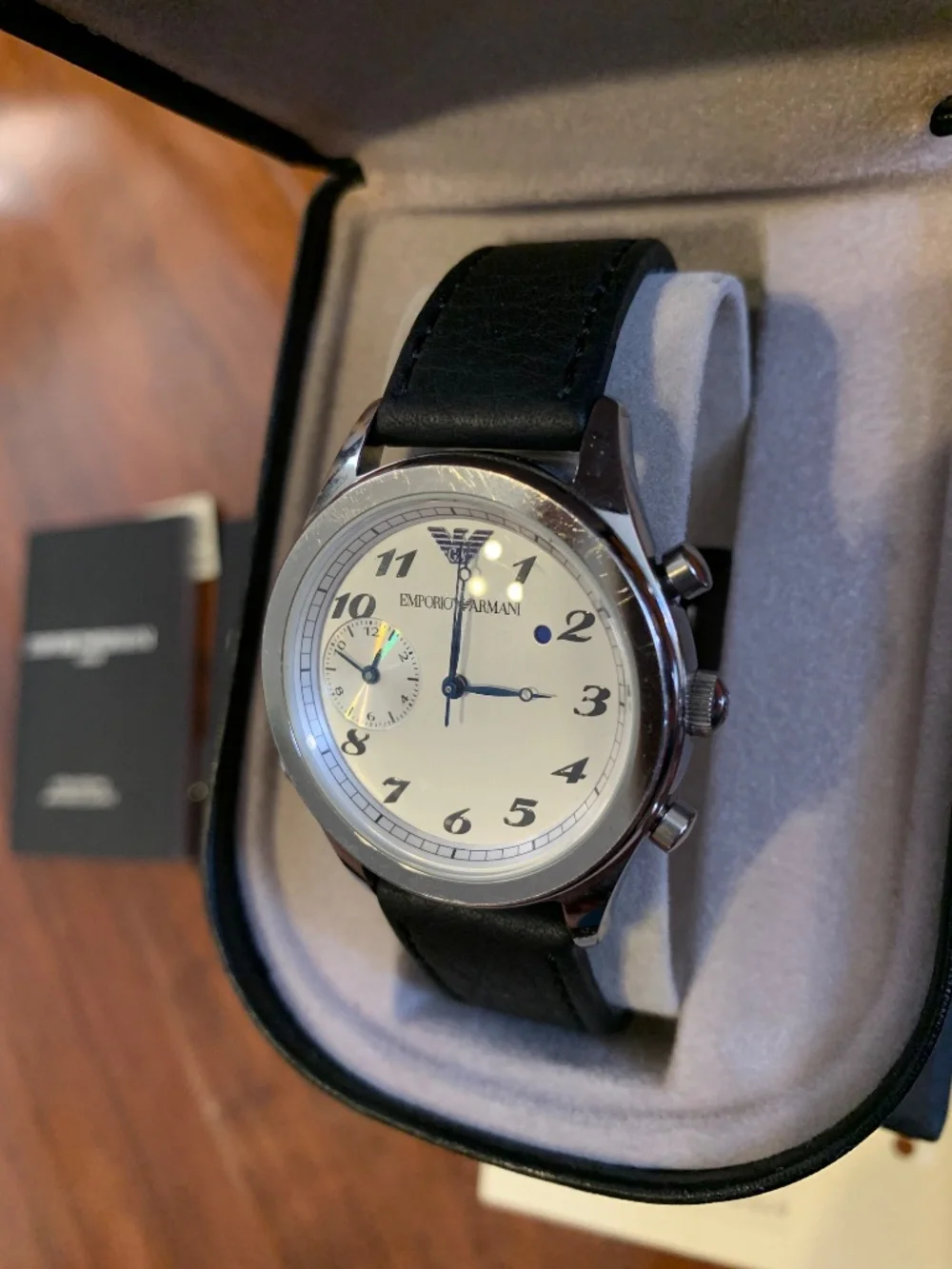 Emporio Armani Wrist Watch with Vibrating Alarm, Black Leather Strap, Certified